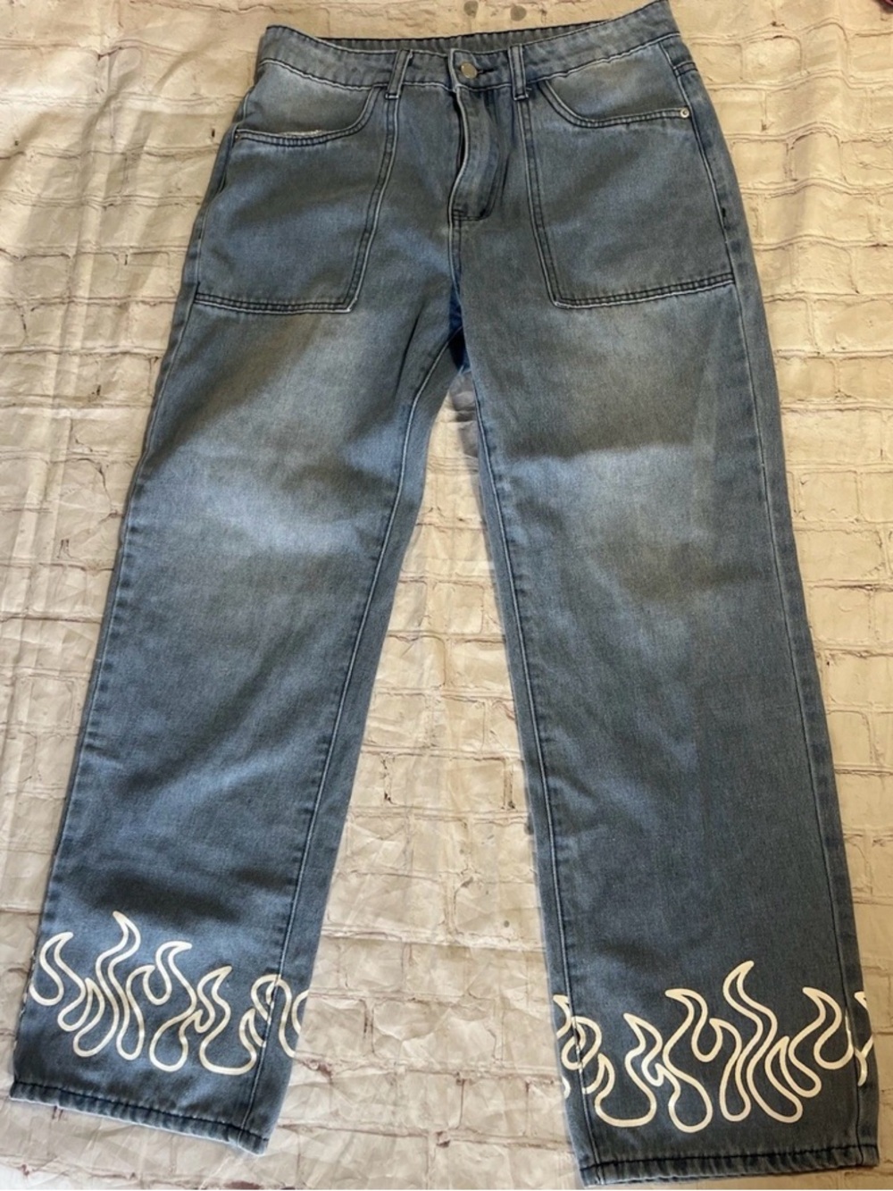 Manfinity Flame Jeans Y2K Streetwear Blue Denim Wide Leg Womens Small 32x30 - Picture 3 of 13
